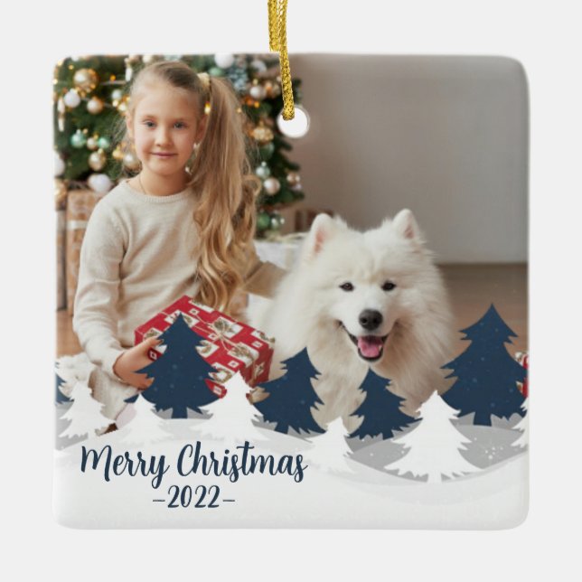 Ornamento De Cerâmica Duas Árvores de Natal de Foto Azul e Branco (Frente)