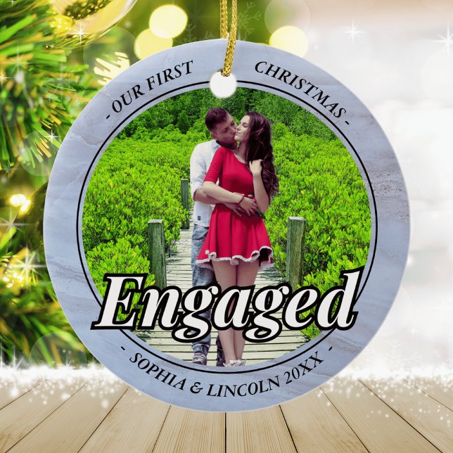 Ornamento De Cerâmica Duas Fotografias Nosso Primeiro Marble Faux Engaja (Criador carregado)