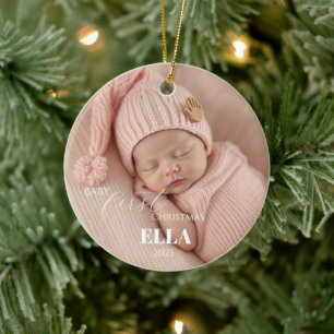 Ornamento De Cerâmica Duas Fotos Minimalista Rosa Primeiro Natal do Bebê