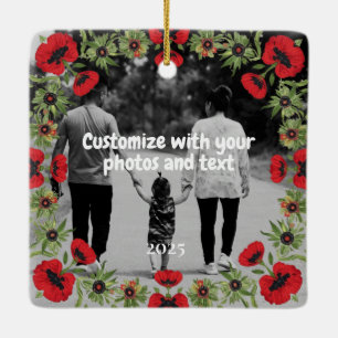 Ornamento De Cerâmica Duas Fotos Texto Personalizado Papoulas Vermelhas