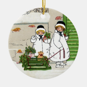 Ornamento De Cerâmica Duas Meninas e Porco em Natais vintages de Leve