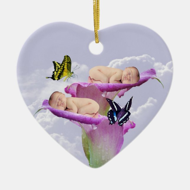 Ornamento De Cerâmica Duas vezes a alegria com o natal dos gêmeos bebês (Frente)