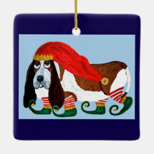 Ornamento De Cerâmica Duende Basset Hound de Natal