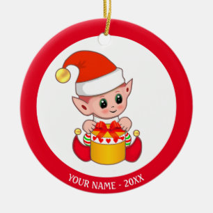 Ornamento De Cerâmica Duende de Natal Bebê & Nome Personalizado