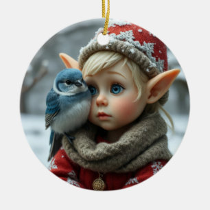 Ornamento De Cerâmica Duende de Natal com Pássaro Azul