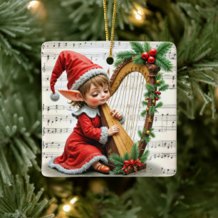 Ornamento De Cerâmica Duende de Natal Tocando uma Harpa