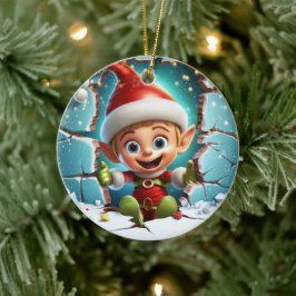 Ornamento De Cerâmica Duende feliz de Natal se divertindo no inverno.