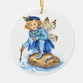 Ornamento De Cerâmica Duende JL Biel da pintura do azul Cerulean