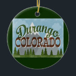 Ornamento De Cerâmica Durango Colorado Divertimento Retro Montanhas Snow<br><div class="desc">Design de neo viagens vintage do Durango Colorado em divertido desenho retrô com montanhas com capas de neve,  florestas e árvores abaixo,  céus azuis e texto legal de roteiro retrô.</div>