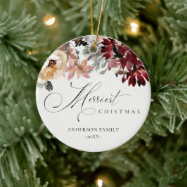 Ornamento De Cerâmica Dusky Red Poinsettia Floral Feliz Natal