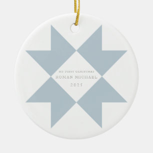 Ornamento De Cerâmica Dusty Blue Quilt Star Meu Primeiro Natal