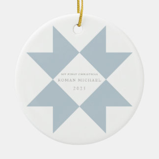 Ornamento De Cerâmica Dusty Blue Quilt Star Meu Primeiro Natal