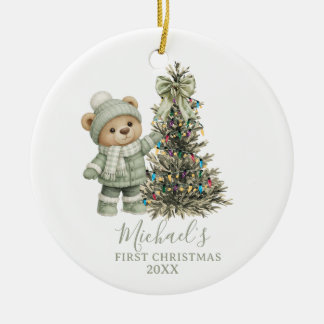 Ornamento De Cerâmica Dusty Green Sage Baby Bear First Christmas