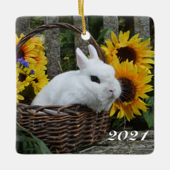 Ornamento De Cerâmica Dwarf Hotot Bunny Rabbit com girassóis (Frente)