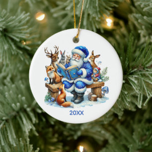 Ornamento De Cerâmica e azul Papai Noel lendo adicionar mensagem de ano
