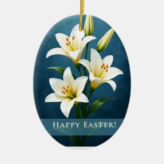 Ornamento De Cerâmica Easter Lilies Blue Christian Faith Gift (Frente)
