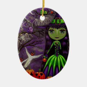 Ornamento De Cerâmica Eerie Halloween Green e Purple Witnament
