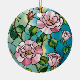 Ornamento De Cerâmica Efeito de Vidro Colorido Floral Flores Rosadas Bot