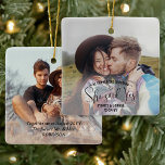 Ornamento De Cerâmica Ela Disse Que Sim! Praça de Natal do noivado 2<br><div class="desc">Celebre uma alegre proposta de Natal e noivado com um ornamento cerâmico personalizado de 2 quadras fotográficas. Imagens e todo texto neste modelo são simples de personalizar, incluindo o texto que diz "Ele fez a pergunta ... ela disse sim!" (DICA IMAGEM: Uma maneira fácil de centralizar uma foto exatamente como...</div>