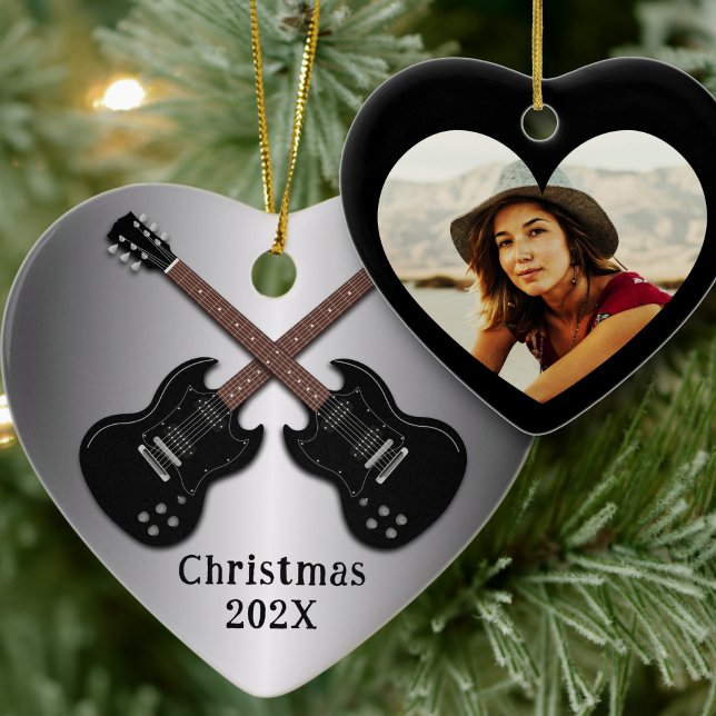Ornamento De Cerâmica Electric Guitars Christmas Photo Heart (Criador carregado)