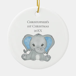 Ornamento De Cerâmica Elefante Azul de Bebê Personalizado Natal de 1º An