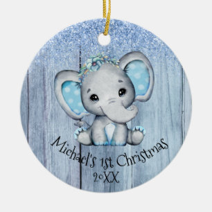 Ornamento De Cerâmica Elefante Bebê Azul Fofo 1º Natal