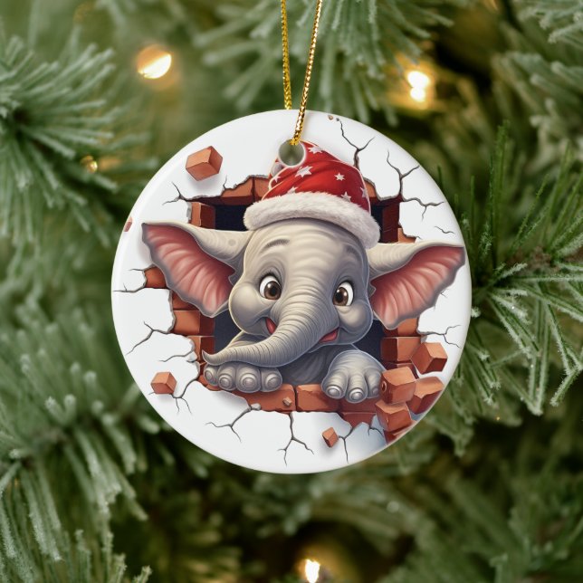 Ornamento De Cerâmica Elefante bebê em Santa Hat - 3D (Árvore)