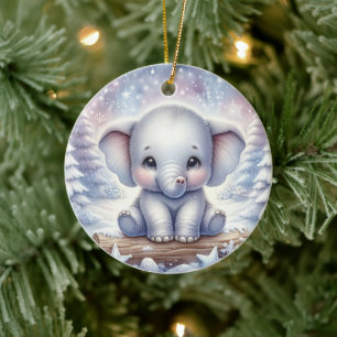 Ornamento De Cerâmica Elefante Bebê no Brilho do Inverno