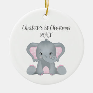 Ornamento De Cerâmica Elefante Bebe Personalizado Rosa Natal de 1º Bebe