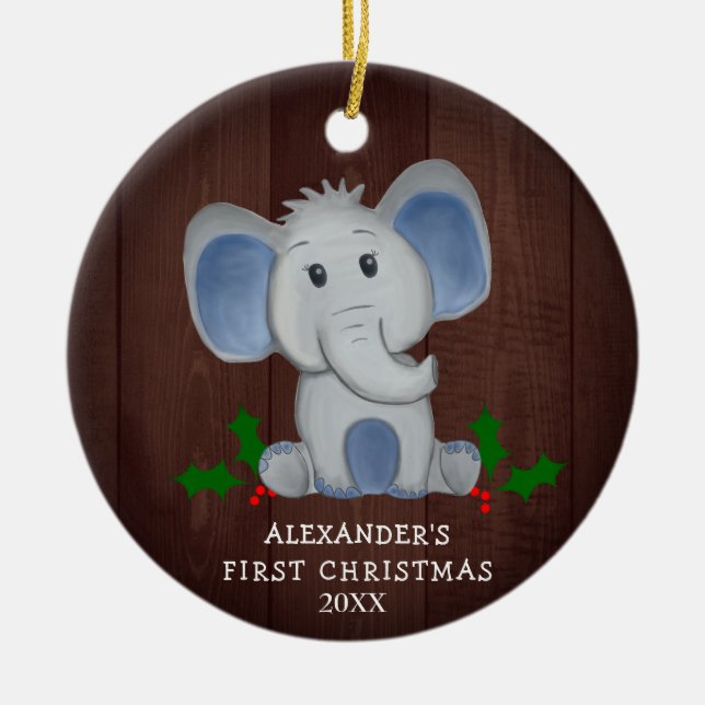 Ornamento De Cerâmica Elefante Bonito Menino Primeiro Foto De Natal (Frente)