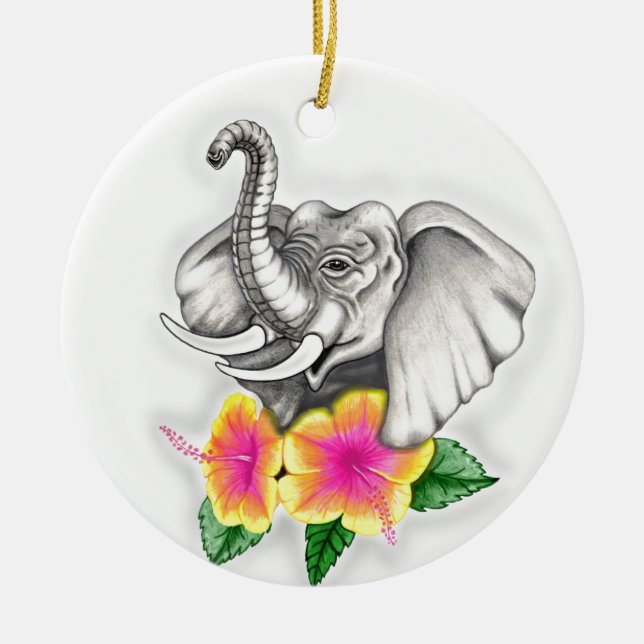 Ornamento De Cerâmica Elefante com Design de Hibiscus (Frente)