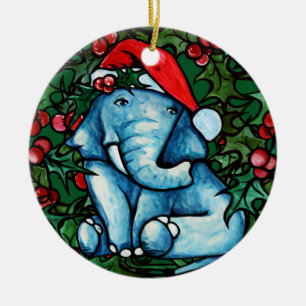 Ornamento De Cerâmica Elefante de Natal com Holly