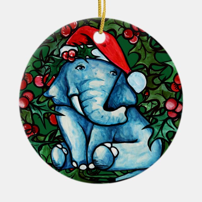 Ornamento De Cerâmica Elefante de Natal com Holly (Frente)