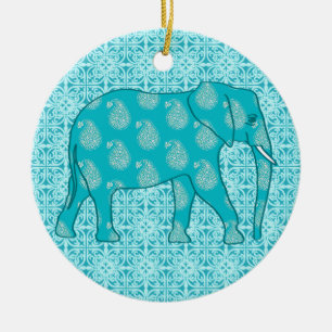 Ornamento De Cerâmica Elefante de Paisley - turquesa e aqua