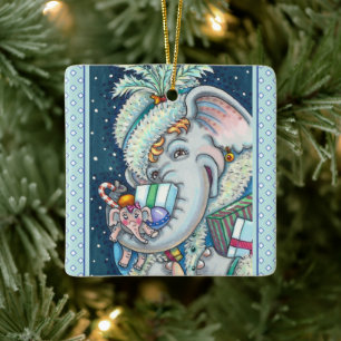 ORNAMENTO DE CERÂMICA ELEFANTE DO NATAL, TRISTE DE PRESENTES E BOA CADEI