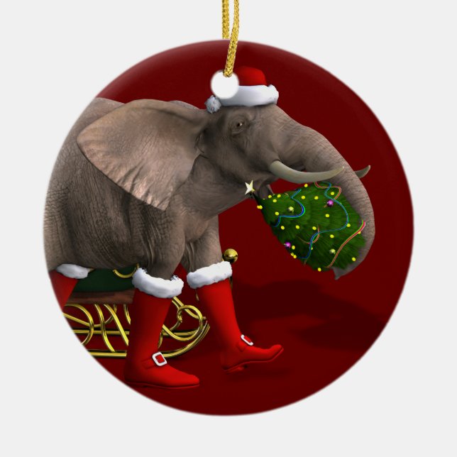 Ornamento De Cerâmica Elefante Doce do Papai Noel (Frente)