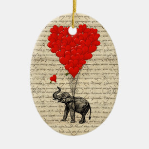 Ornamento De Cerâmica Elefante e balões dados forma coração