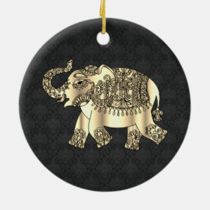 Ornamento De Cerâmica Elefante Floral Paisley Dourado Elegante, Damasko