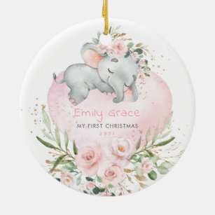 Ornamento De Cerâmica Elefante Floral Rosa Bebê 1rua Primeiro Natal