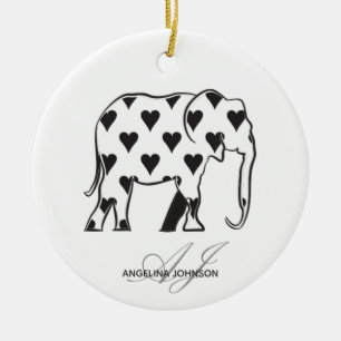 Ornamento De Cerâmica Elefante preto e branco do teste padrão do coraç