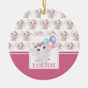 Ornamento De Cerâmica Elefante Rosa Girly com Padrão de Arco e Balão