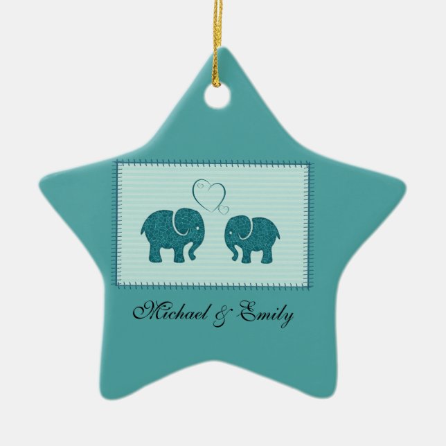 Ornamento De Cerâmica Elefantes românticos bonitos e giros em retalhos a (Frente)