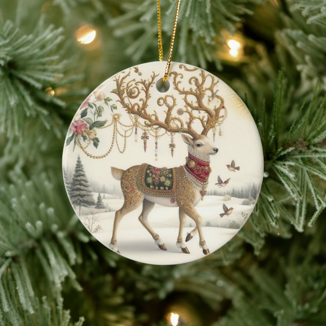 Ornamento De Cerâmica Elegância Barroca: Reindeer na Neve (Árvore)