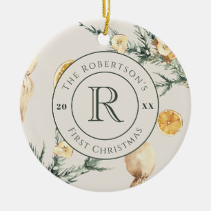 Ornamento De Cerâmica Elegância de Natal: Monograma recém-casado