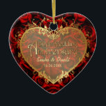 Ornamento De Cerâmica Elegância rosa vermelha - 50º aniversário<br><div class="desc">Rosas vermelhas maravilhosas com estrutura cardíaca de ouro puro com texto de ouro para este ornamento de manutenção de 50 anos. As rosas vermelhas são um símbolo eterno de amor e paixão. Personalizar o texto e a data do nome.</div>