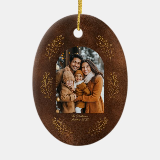 Ornamento De Cerâmica Elegant Arch Family Photo Leaves Brown Christmas (Frente)