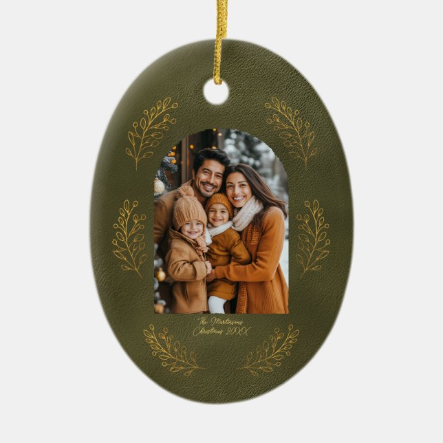 Ornamento De Cerâmica Elegant Arch Family Photo Leaves Green Christmas (Frente)