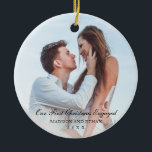 Ornamento De Cerâmica Elegant Black Our First Christmas Engaged Photo<br><div class="desc">Did you get engaged this year? Add a memory to your Christmas tree with this elegant ceramic ornament with the message "Our First Christmas Engaged" in black text over your favorite photo. Use the template to add your names and year. This ornament also makes a great gift for a couple...</div>