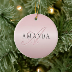 Ornamento De Cerâmica Elegant Blush Falso Rose Gold Nome & Monograma