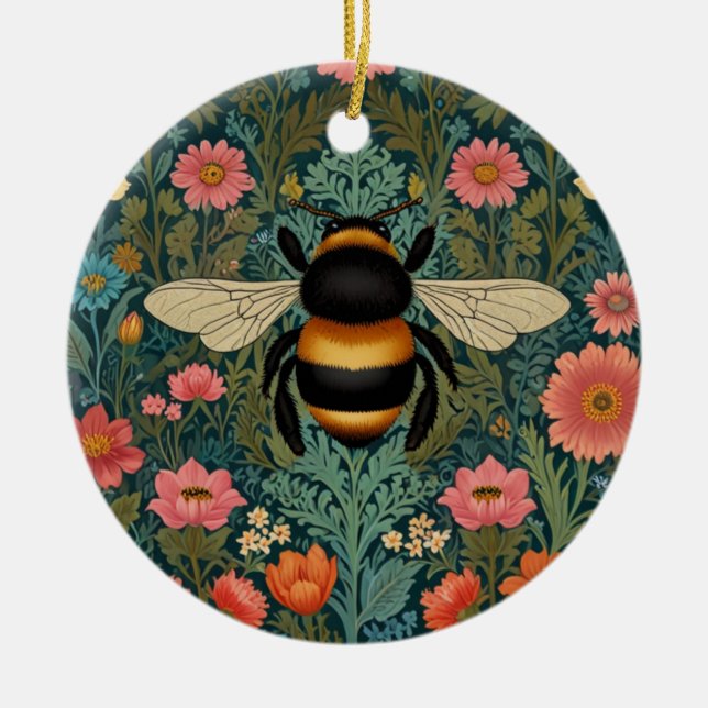 Ornamento De Cerâmica Elegant boho retro bumblebee spring florals  (Frente)